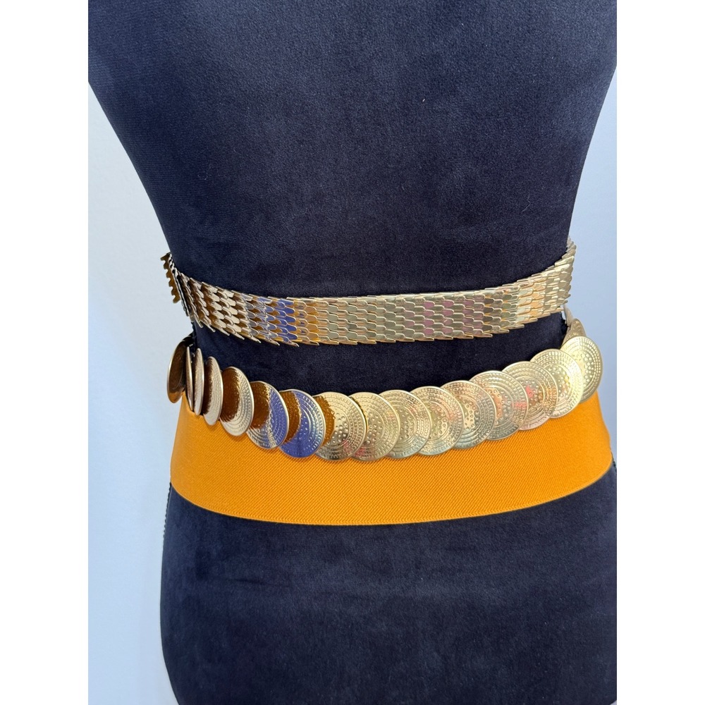 Vintage Gold Tone Metal Coin Scale Link and‎ Mustard Yellow Elastic Belt Set 3pc - Picture 4 of 16